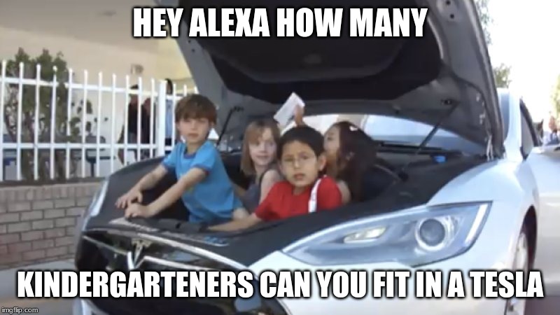 HEY ALEXA HOW MANY; KINDERGARTENERS CAN YOU FIT IN A TESLA | image tagged in tesla | made w/ Imgflip meme maker