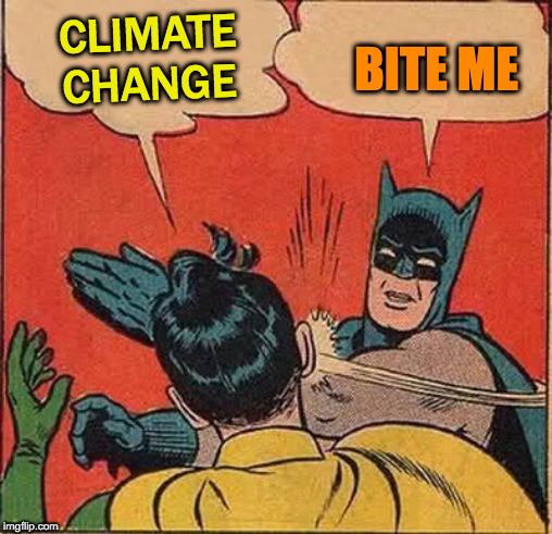 Batman Slapping Robin | CLIMATE
CHANGE; BITE ME | image tagged in memes,batman slapping robin | made w/ Imgflip meme maker