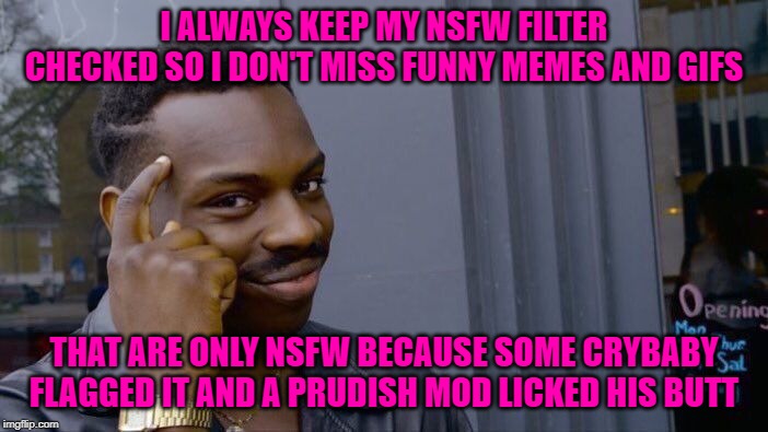 A lot of memes are only flagged nsfw because somebody didn't like the user...that's obvious with some of these out here. | I ALWAYS KEEP MY NSFW FILTER CHECKED SO I DON'T MISS FUNNY MEMES AND GIFS; THAT ARE ONLY NSFW BECAUSE SOME CRYBABY FLAGGED IT AND A PRUDISH MOD LICKED HIS BUTT | image tagged in memes,roll safe think about it,prudish mods,butthurt users,crybabies,truth | made w/ Imgflip meme maker