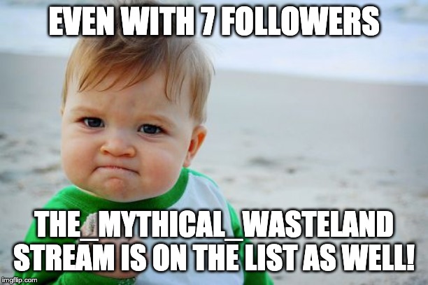 Success Kid Original | EVEN WITH 7 FOLLOWERS; THE_MYTHICAL_WASTELAND STREAM IS ON THE LIST AS WELL! | image tagged in memes,success kid original | made w/ Imgflip meme maker
