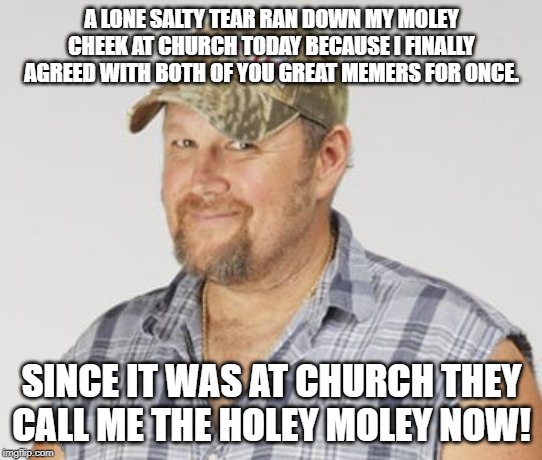 Larry The Cable Guy Meme | A LONE SALTY TEAR RAN DOWN MY MOLEY CHEEK AT CHURCH TODAY BECAUSE I FINALLY AGREED WITH BOTH OF YOU GREAT MEMERS FOR ONCE. SINCE IT WAS AT C | image tagged in memes,larry the cable guy | made w/ Imgflip meme maker