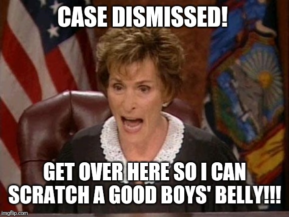Judge Judy | CASE DISMISSED! GET OVER HERE SO I CAN SCRATCH A GOOD BOYS' BELLY!!! | image tagged in judge judy | made w/ Imgflip meme maker