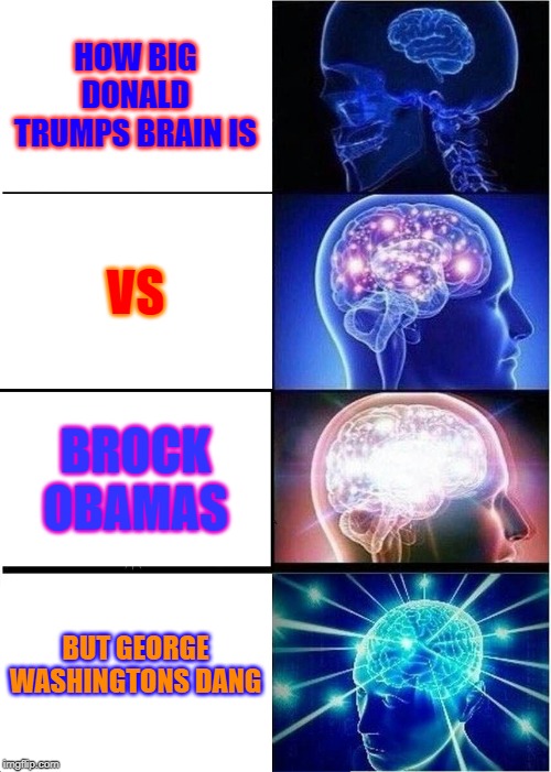Expanding Brain Meme | HOW BIG DONALD TRUMPS BRAIN IS; VS; BROCK OBAMAS; BUT GEORGE WASHINGTONS DANG | image tagged in memes,expanding brain | made w/ Imgflip meme maker