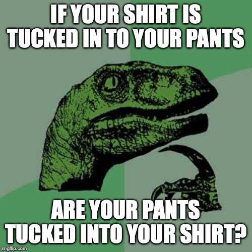 Philosoraptor | IF YOUR SHIRT IS TUCKED IN TO YOUR PANTS; ARE YOUR PANTS TUCKED INTO YOUR SHIRT? | image tagged in memes,philosoraptor | made w/ Imgflip meme maker