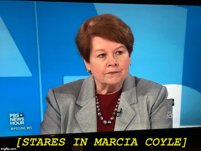 Stares in Marcia Coyle | [STARES IN MARCIA COYLE] | image tagged in marcia,marcia coyle,pbs,stares,judging you,descriptive caption | made w/ Imgflip meme maker