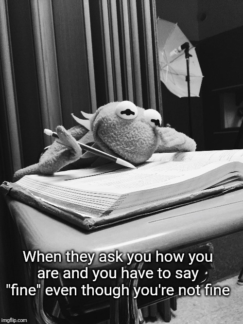 Confused Kermit | When they ask you how you are and you have to say "fine" even though you're not fine | image tagged in confused kermit,school | made w/ Imgflip meme maker