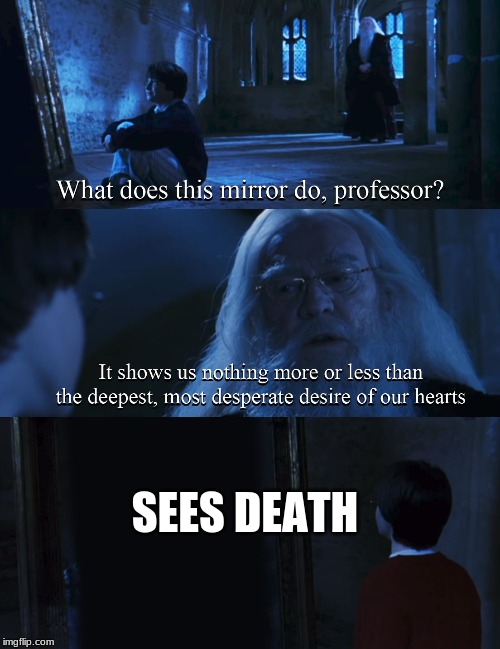 Harry potter mirror | SEES DEATH | image tagged in harry potter mirror | made w/ Imgflip meme maker