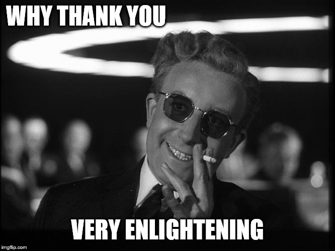 Dr. Strangelove | WHY THANK YOU VERY ENLIGHTENING | image tagged in dr strangelove | made w/ Imgflip meme maker