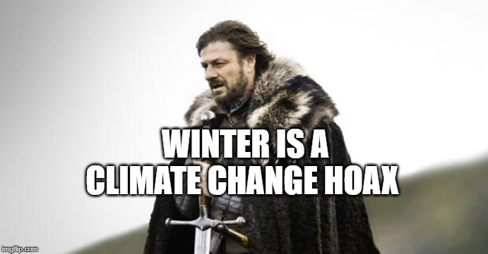 Winter is Coming | WINTER IS A CLIMATE CHANGE HOAX | image tagged in winter is coming,climate change,hoax | made w/ Imgflip meme maker