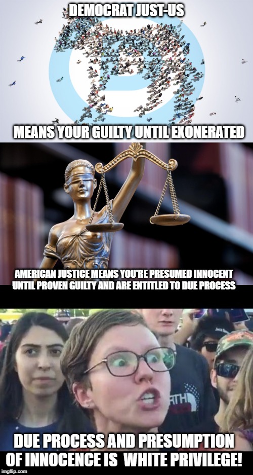 Silly Democrats Rights Are For Everyone! | DEMOCRAT JUST-US; MEANS YOUR GUILTY UNTIL EXONERATED; AMERICAN JUSTICE MEANS YOU'RE PRESUMED INNOCENT UNTIL PROVEN GUILTY AND ARE ENTITLED TO DUE PROCESS; DUE PROCESS AND PRESUMPTION OF INNOCENCE IS  WHITE PRIVILEGE! | image tagged in sjw,american justice system,lady justice,democrats,just us | made w/ Imgflip meme maker