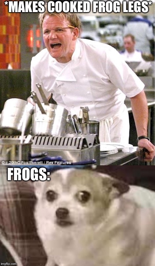*MAKES COOKED FROG LEGS*; FROGS: | image tagged in memes,chef gordon ramsay,frogs | made w/ Imgflip meme maker