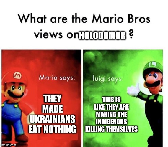 Mario vs Luigi Holodomor Debate | HOLODOMOR; THEY MADE UKRAINIANS EAT NOTHING; THIS IS LIKE THEY ARE MAKING THE INDIGENOUS KILLING THEMSELVES | image tagged in mario bros views,memes,ukrainian,genocide | made w/ Imgflip meme maker