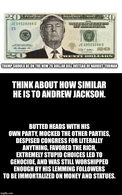 It’s literally the perfect fit. | TRUMP SHOULD BE ON THE NEW 20 DOLLAR BILL INSTEAD OF HARRIET TUBMAN; THINK ABOUT HOW SIMILAR HE IS TO ANDREW JACKSON. BUTTED HEADS WITH HIS OWN PARTY, MOCKED THE OTHER PARTIES, DESPISED CONGRESS FOR LITERALLY ANYTHING, FAVORED THE RICH, EXTREMELY STUPID CHOICES LED TO GENOCIDE, AND WAS STILL WORSHIPPED ENOUGH BY HIS LEMMING FOLLOWERS TO BE IMMORTALIZED ON MONEY AND STATUES. | image tagged in black box,donald trump,money,andrew jackson,similarity,irony | made w/ Imgflip meme maker