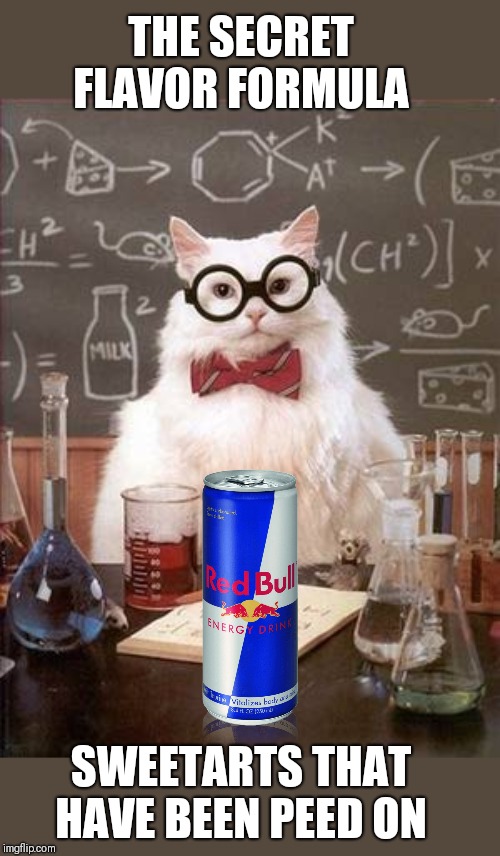 Science Cat Good Day | THE SECRET FLAVOR FORMULA; SWEETARTS THAT HAVE BEEN PEED ON | image tagged in science cat good day,memes,red bull | made w/ Imgflip meme maker