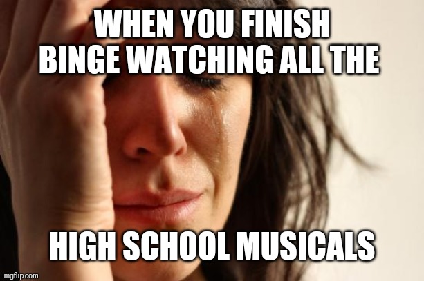 First World Problems Meme | WHEN YOU FINISH BINGE WATCHING ALL THE; HIGH SCHOOL MUSICALS | image tagged in memes,first world problems | made w/ Imgflip meme maker