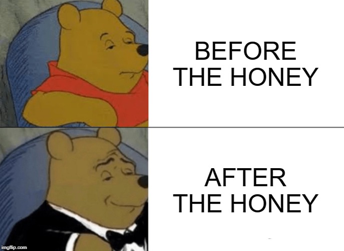 FOR THE LOVE OF HONEY |  BEFORE THE HONEY; AFTER THE HONEY | image tagged in tuxedo winnie the pooh,honey,winnie the pooh | made w/ Imgflip meme maker