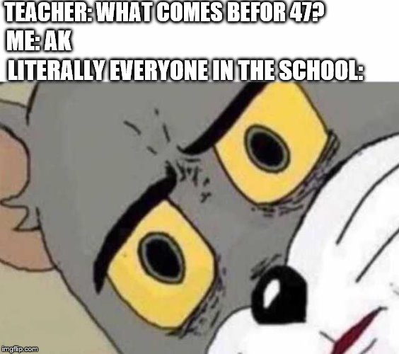 Tom Cat Unsettled Close up | TEACHER: WHAT COMES BEFOR 47? ME: AK; LITERALLY EVERYONE IN THE SCHOOL: | image tagged in tom cat unsettled close up | made w/ Imgflip meme maker