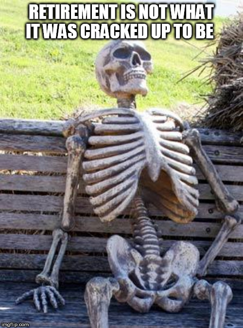 Waiting Skeleton Meme | RETIREMENT IS NOT WHAT IT WAS CRACKED UP TO BE | image tagged in memes,waiting skeleton | made w/ Imgflip meme maker