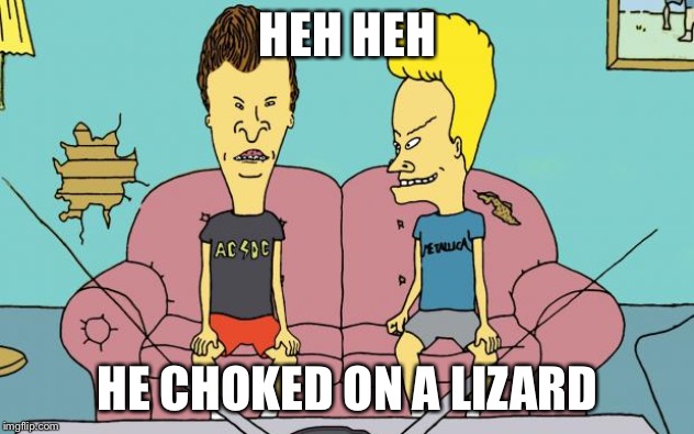 Beavis and Butthead | HEH HEH HE CHOKED ON A LIZARD | image tagged in beavis and butthead | made w/ Imgflip meme maker