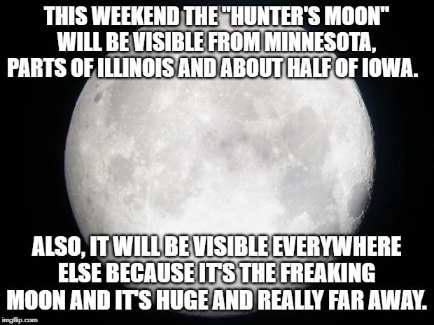 Full Moon | THIS WEEKEND THE "HUNTER'S MOON" WILL BE VISIBLE FROM MINNESOTA, PARTS OF ILLINOIS AND ABOUT HALF OF IOWA. ALSO, IT WILL BE VISIBLE EVERYWHERE ELSE BECAUSE IT'S THE FREAKING MOON AND IT'S HUGE AND REALLY FAR AWAY. | image tagged in full moon | made w/ Imgflip meme maker