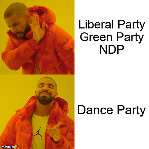 Peanut Butter Voting Time | Liberal Party
Green Party
NDP; Dance Party | image tagged in memes,drake hotline bling,meanwhile in canada,elections | made w/ Imgflip meme maker