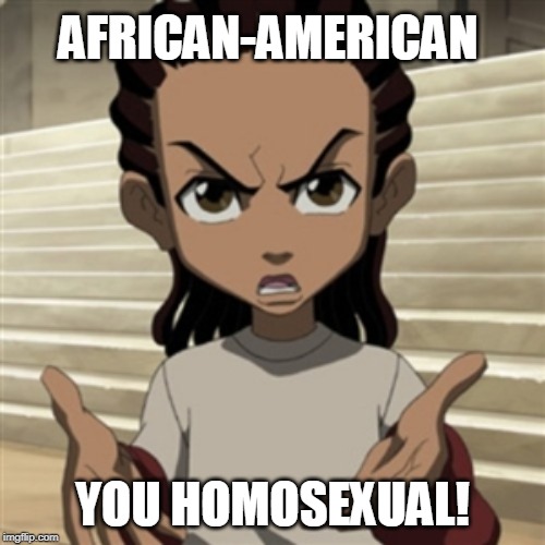 Riley freeman | AFRICAN-AMERICAN; YOU HOMOSEXUAL! | image tagged in riley freeman | made w/ Imgflip meme maker