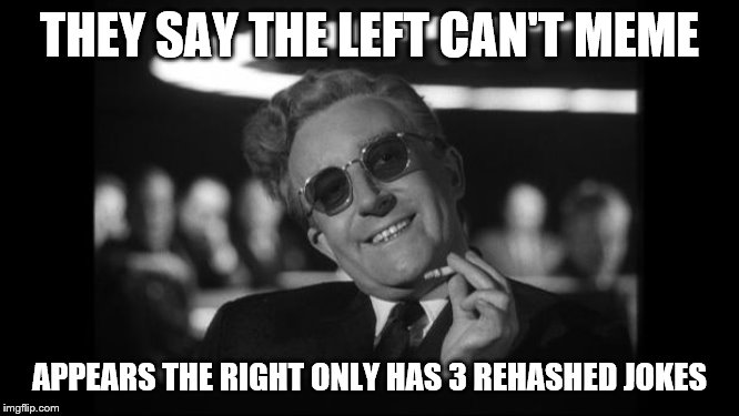 dr strangelove | THEY SAY THE LEFT CAN'T MEME APPEARS THE RIGHT ONLY HAS 3 REHASHED JOKES | image tagged in dr strangelove | made w/ Imgflip meme maker