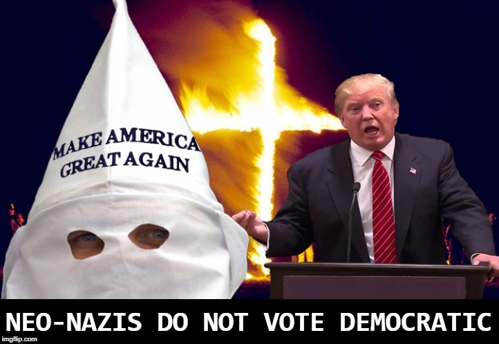 Trump and his base - KKK | NEO-NAZIS DO NOT VOTE DEMOCRATIC | image tagged in trump and his base - kkk,trump,republican,gop,democratic | made w/ Imgflip meme maker