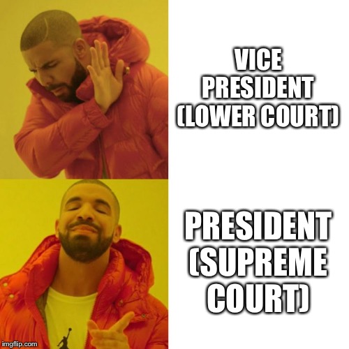 Drake Blank | VICE PRESIDENT (LOWER COURT); PRESIDENT (SUPREME COURT) | image tagged in drake blank | made w/ Imgflip meme maker