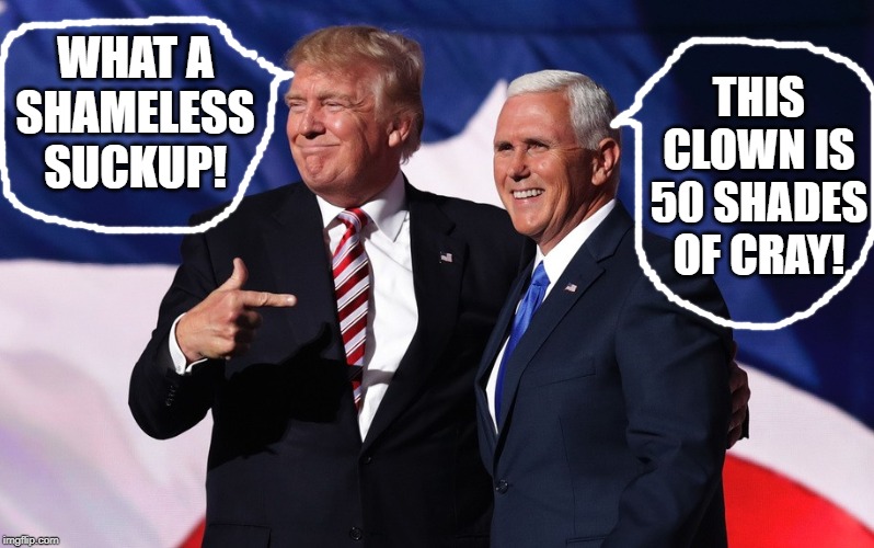 Mother, Start Up The Bus, 'Cause We're About To Get Thrown Under It | THIS CLOWN IS 50 SHADES OF CRAY! WHAT A SHAMELESS SUCKUP! | image tagged in donald trump mike pence | made w/ Imgflip meme maker