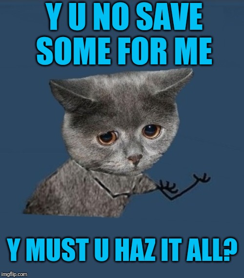 Y u no sad cat | Y U NO SAVE SOME FOR ME Y MUST U HAZ IT ALL? | image tagged in y u no sad cat | made w/ Imgflip meme maker