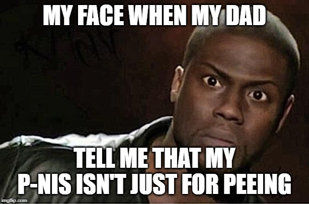 Kevin Hart | MY FACE WHEN MY DAD; TELL ME THAT MY P-NIS ISN'T JUST FOR PEEING | image tagged in memes,kevin hart | made w/ Imgflip meme maker