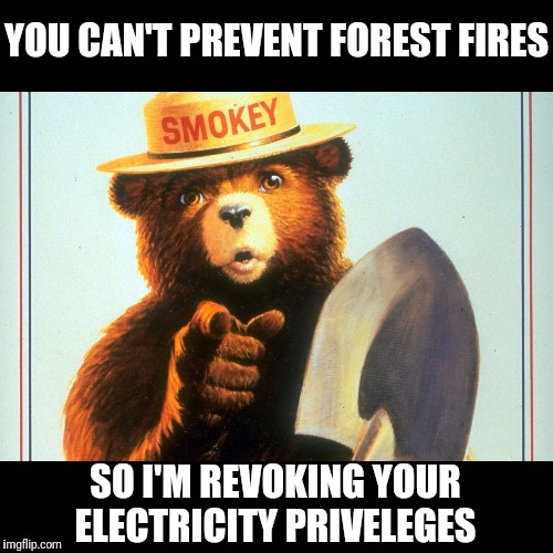 PG&E PSA | YOU CAN'T PREVENT FOREST FIRES; SO I'M REVOKING YOUR ELECTRICITY PRIVELEGES | image tagged in california fires,you have no power here | made w/ Imgflip meme maker