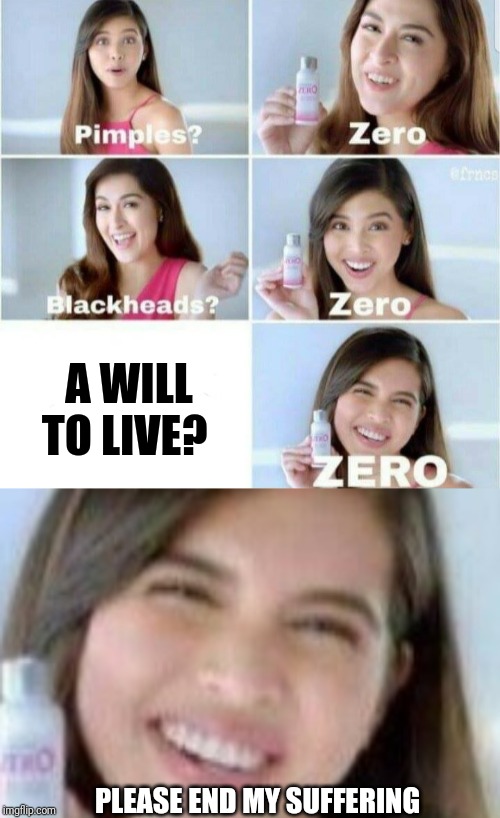 Me... In a nutshell. | A WILL TO LIVE? PLEASE END MY SUFFERING | image tagged in pimples zero,depression,please kill me,dark humor | made w/ Imgflip meme maker