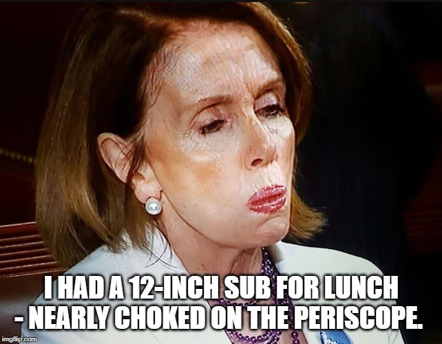 Nancy Pelosi PB Sandwich | I HAD A 12-INCH SUB FOR LUNCH - NEARLY CHOKED ON THE PERISCOPE. | image tagged in nancy pelosi pb sandwich | made w/ Imgflip meme maker