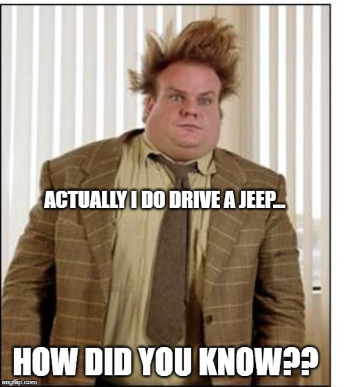 Chris Farley Hair | ACTUALLY I DO DRIVE A JEEP... HOW DID YOU KNOW?? | image tagged in chris farley hair,jeep,suv,convertible,offroad,windy | made w/ Imgflip meme maker