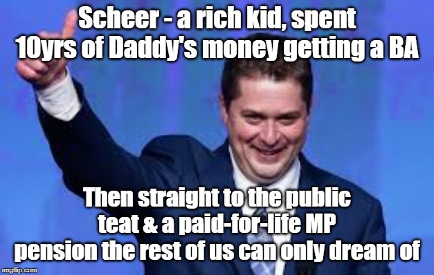 Andrew Scheer - Rich and Loving It | Scheer - a rich kid, spent 10yrs of Daddy's money getting a BA; Then straight to the public teat & a paid-for-life MP pension the rest of us can only dream of | image tagged in andrew scheer - rich and loving it | made w/ Imgflip meme maker
