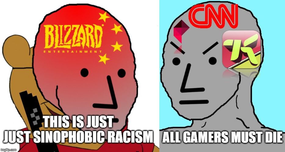THIS IS JUST JUST SINOPHOBIC RACISM; ALL GAMERS MUST DIE | image tagged in npc meme angry,pooh china blizzard mask | made w/ Imgflip meme maker