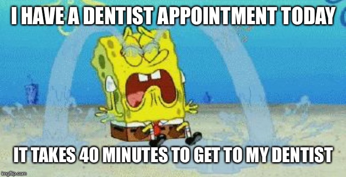 cryin |  I HAVE A DENTIST APPOINTMENT TODAY; IT TAKES 40 MINUTES TO GET TO MY DENTIST | image tagged in cryin | made w/ Imgflip meme maker