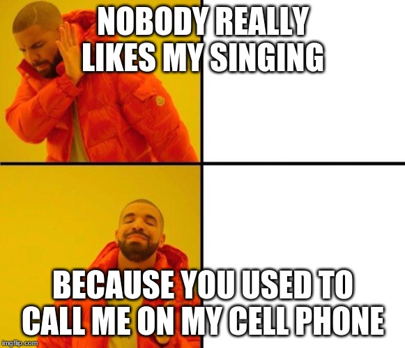 drake meme | NOBODY REALLY LIKES MY SINGING; BECAUSE YOU USED TO CALL ME ON MY CELL PHONE | image tagged in drake meme | made w/ Imgflip meme maker