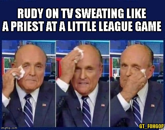 Feelin the Heat | RUDY ON TV SWEATING LIKE A PRIEST AT A LITTLE LEAGUE GAME; GT_FOHGOP | image tagged in rudy giuliani,donald trump,sweating bullets | made w/ Imgflip meme maker