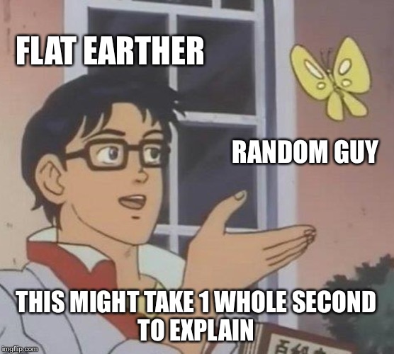 Is This A Pigeon Meme | FLAT EARTHER; RANDOM GUY; THIS MIGHT TAKE 1 WHOLE SECOND
TO EXPLAIN | image tagged in memes,is this a pigeon | made w/ Imgflip meme maker