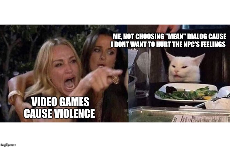woman yelling at cat | ME, NOT CHOOSING "MEAN" DIALOG CAUSE I DONT WANT TO HURT THE NPC'S FEELINGS; VIDEO GAMES CAUSE VIOLENCE | image tagged in woman yelling at cat | made w/ Imgflip meme maker