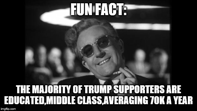 dr strangelove | FUN FACT: THE MAJORITY OF TRUMP SUPPORTERS ARE EDUCATED,MIDDLE CLASS,AVERAGING 70K A YEAR | image tagged in dr strangelove | made w/ Imgflip meme maker