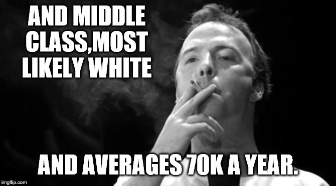 AND MIDDLE CLASS,MOST LIKELY WHITE AND AVERAGES 70K A YEAR. | made w/ Imgflip meme maker