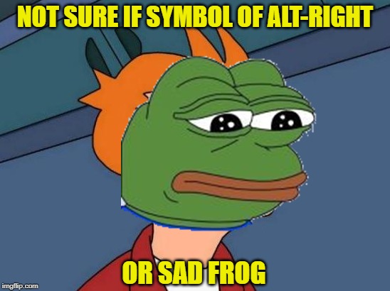 Futurama Pepe | NOT SURE IF SYMBOL OF ALT-RIGHT; OR SAD FROG | image tagged in alt-right,pepe the frog,futurama fry | made w/ Imgflip meme maker
