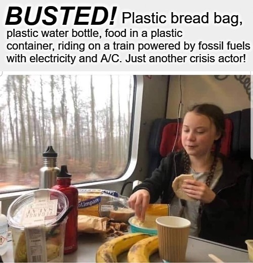 Greta Thunberg BUSTED: Just another crisis actor | plastic water bottle, food in a plastic container, riding on a train powered by fossil fuels with electricity and A/C. Just another crisis actor! | image tagged in greta thunberg,greta thunberg how dare you,crisis actor,liberal hypocrite,hypocrite,totally busted | made w/ Imgflip meme maker