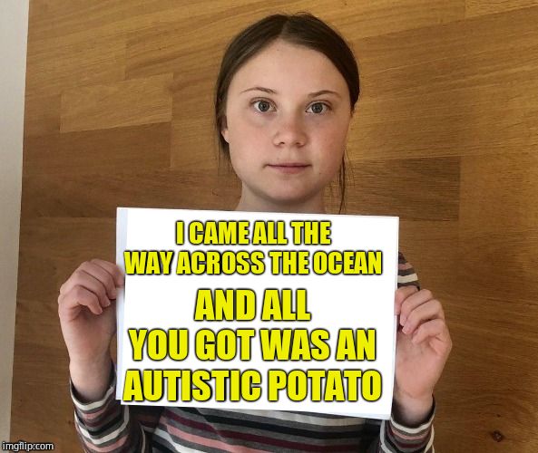 HOW DARE YOU! | I CAME ALL THE WAY ACROSS THE OCEAN; AND ALL YOU GOT WAS AN AUTISTIC POTATO | image tagged in sad potato,greta thunberg how dare you,swedish meatball | made w/ Imgflip meme maker