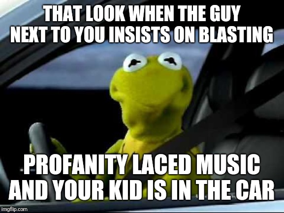 Seriously dude, turn that junk down! | THAT LOOK WHEN THE GUY NEXT TO YOU INSISTS ON BLASTING; PROFANITY LACED MUSIC AND YOUR KID IS IN THE CAR | image tagged in kermit car,profanity,kids,traffic | made w/ Imgflip meme maker