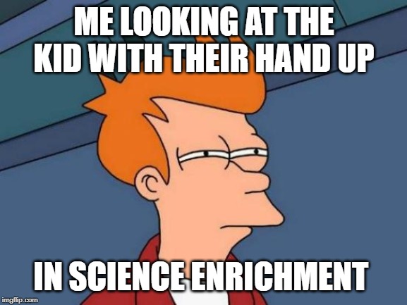 Futurama Fry Meme | ME LOOKING AT THE KID WITH THEIR HAND UP; IN SCIENCE ENRICHMENT | image tagged in memes,futurama fry | made w/ Imgflip meme maker